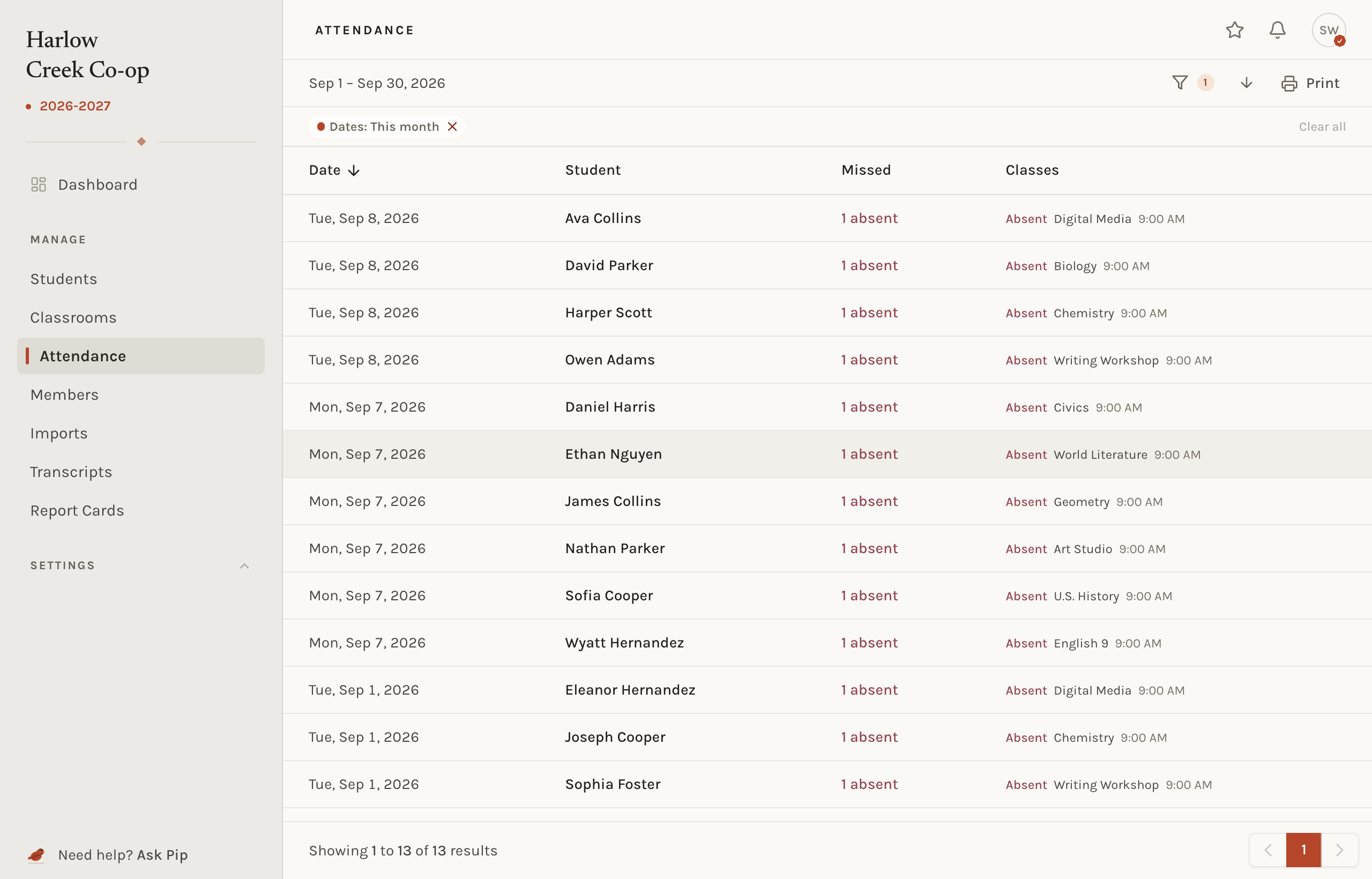 The school-wide Attendance page listing students by day, each with the classes they missed or were late to.