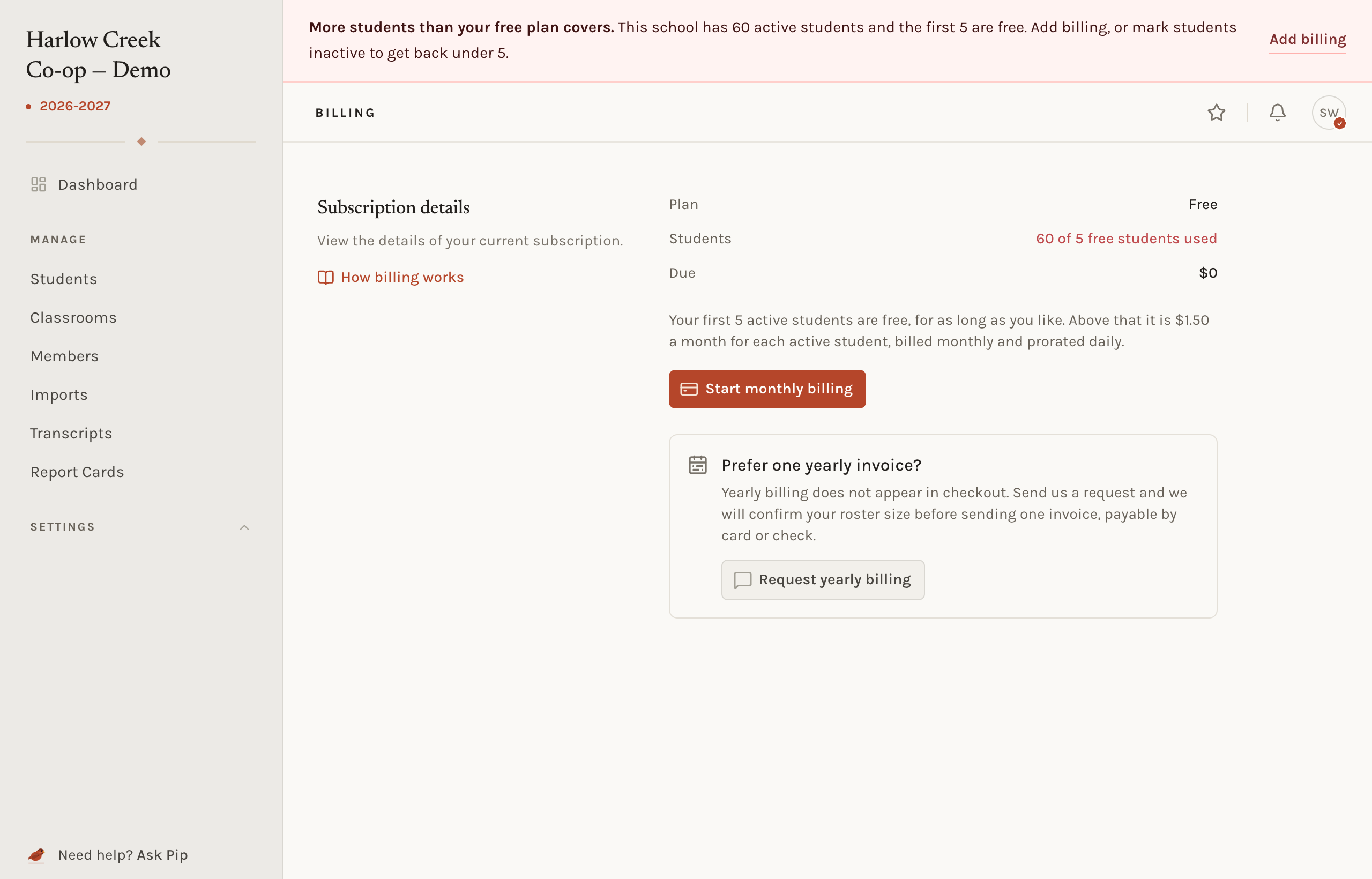 The Billing settings page of a free school with 60 active students: a notice that the school has more students than the free plan covers, the count in red, a Start monthly billing button, and a card for requesting a yearly invoice.