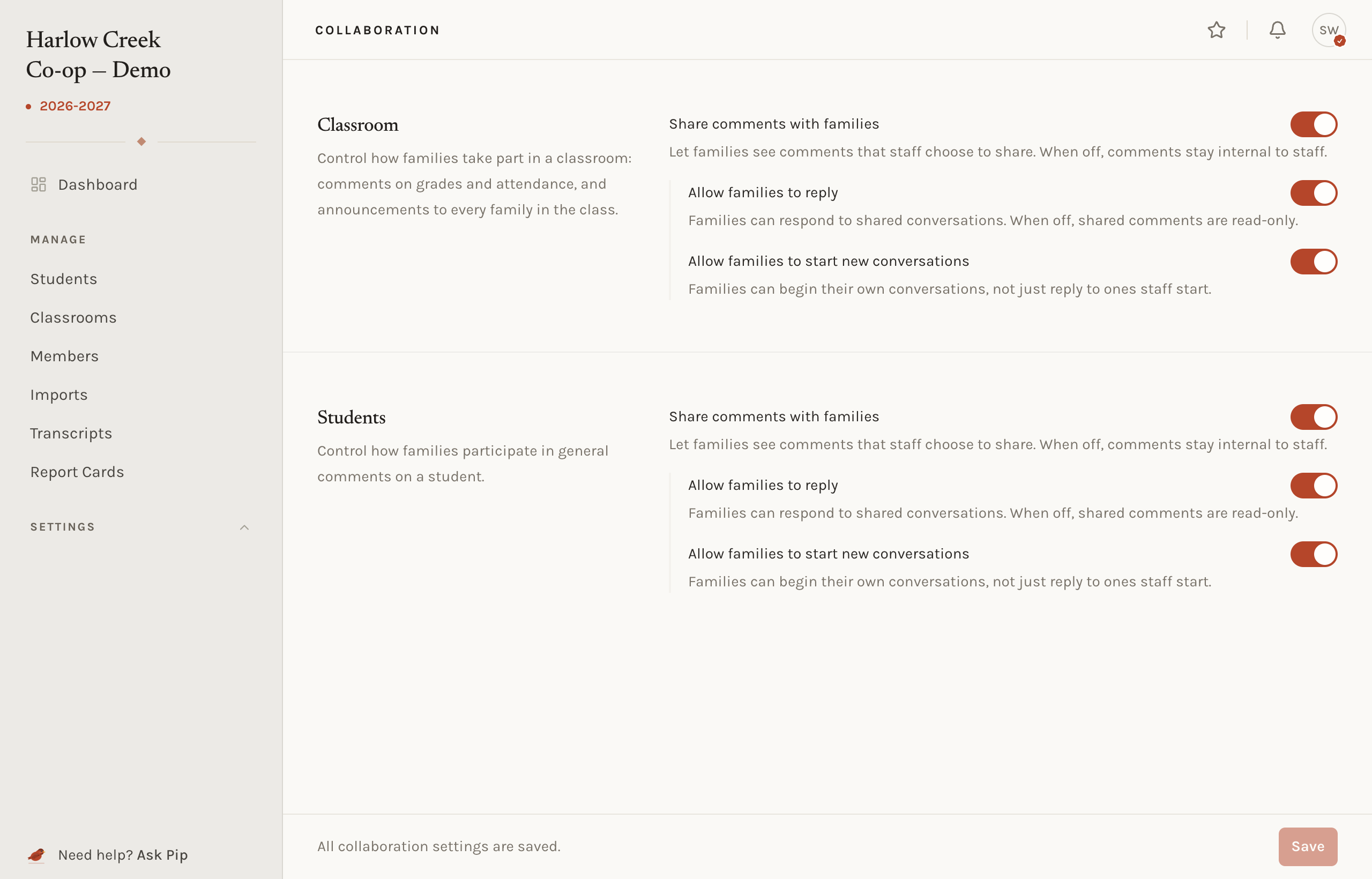 The Collaboration settings page with the Classroom and Students sections, each showing the three switches.