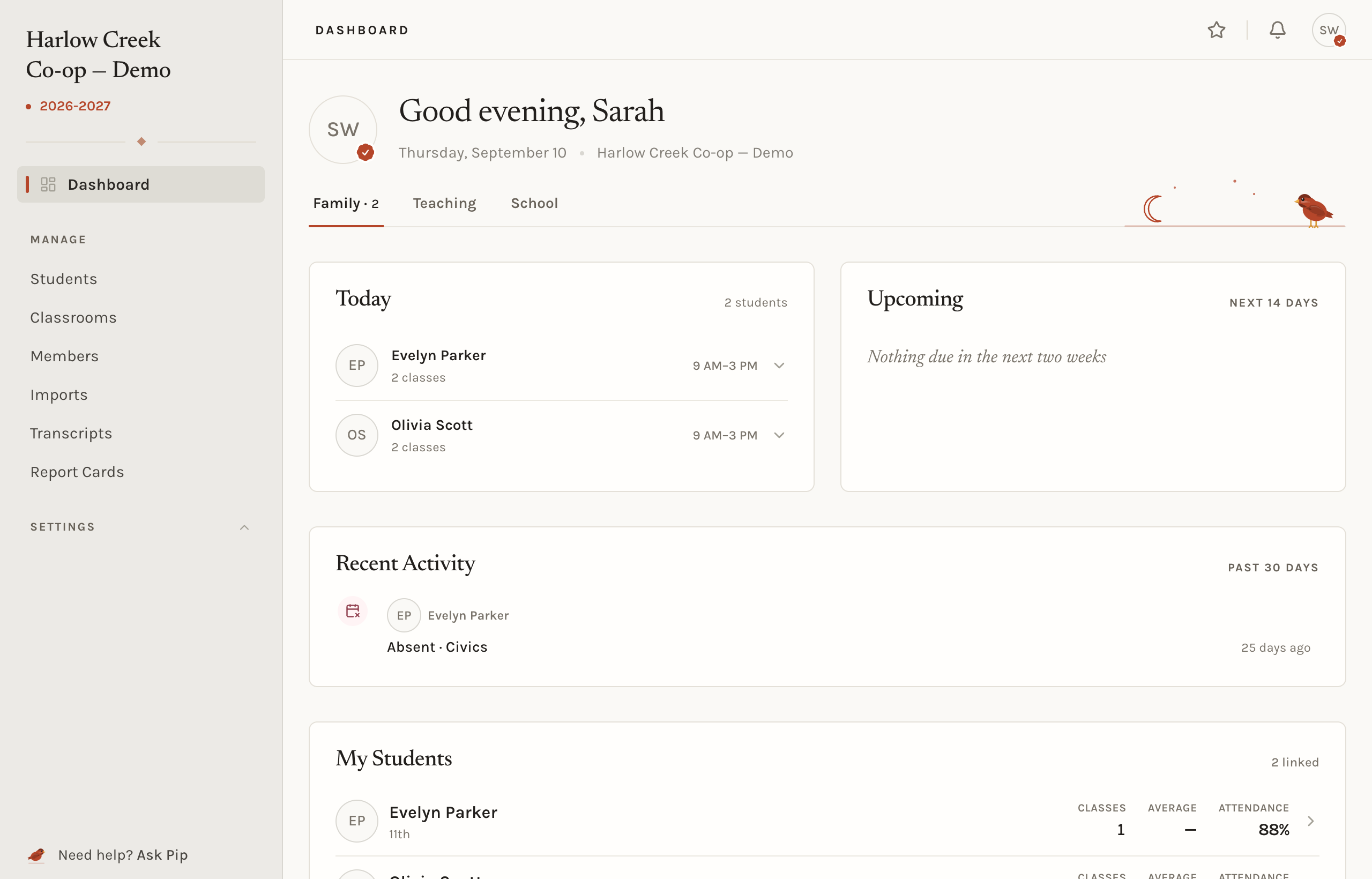 The family dashboard showing an attention list, today's classes, upcoming assignments and a summary for each linked student.