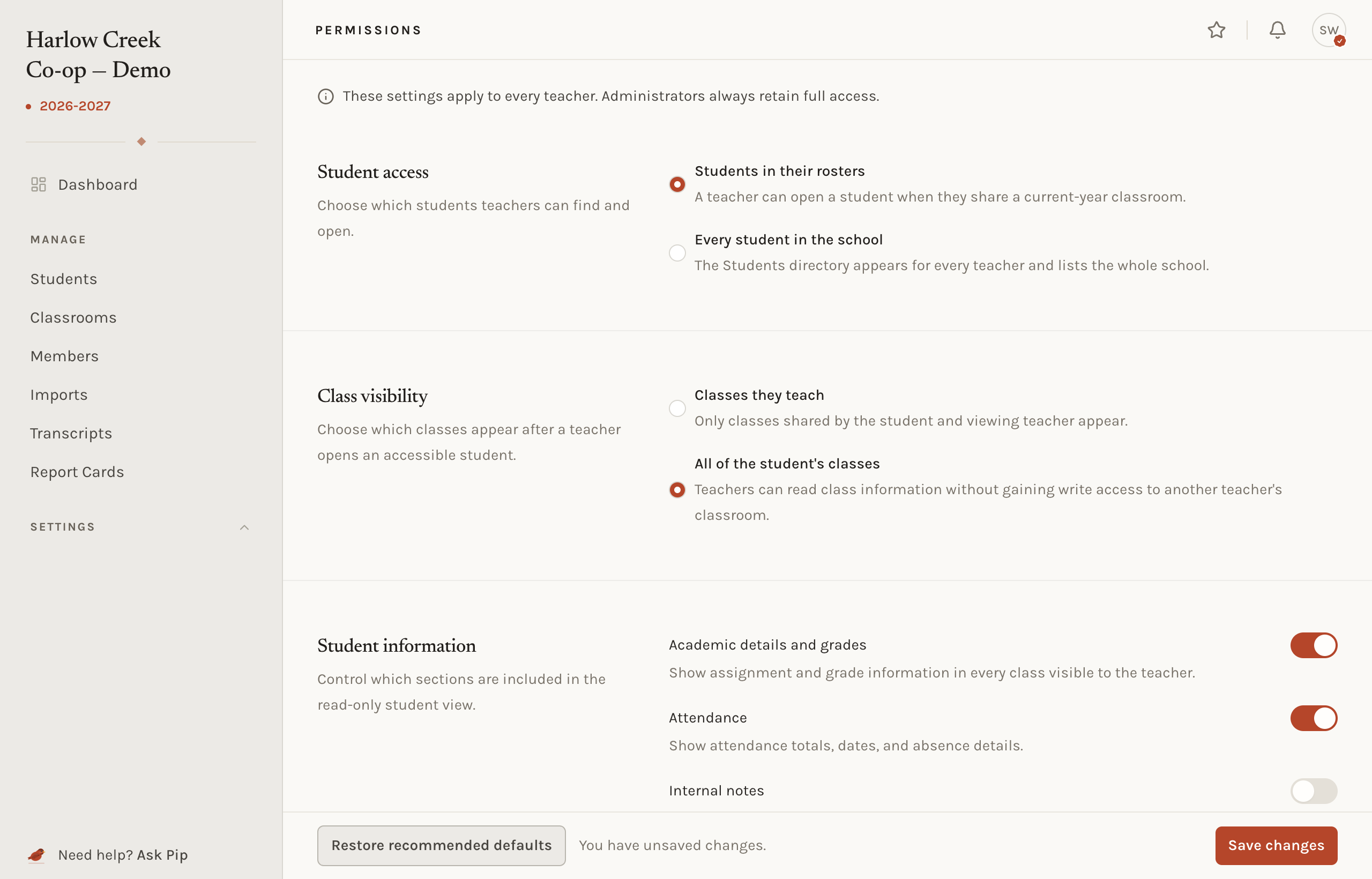 The Permissions settings page with the Teacher role's student access, class visibility, student information switches and classroom action switches.