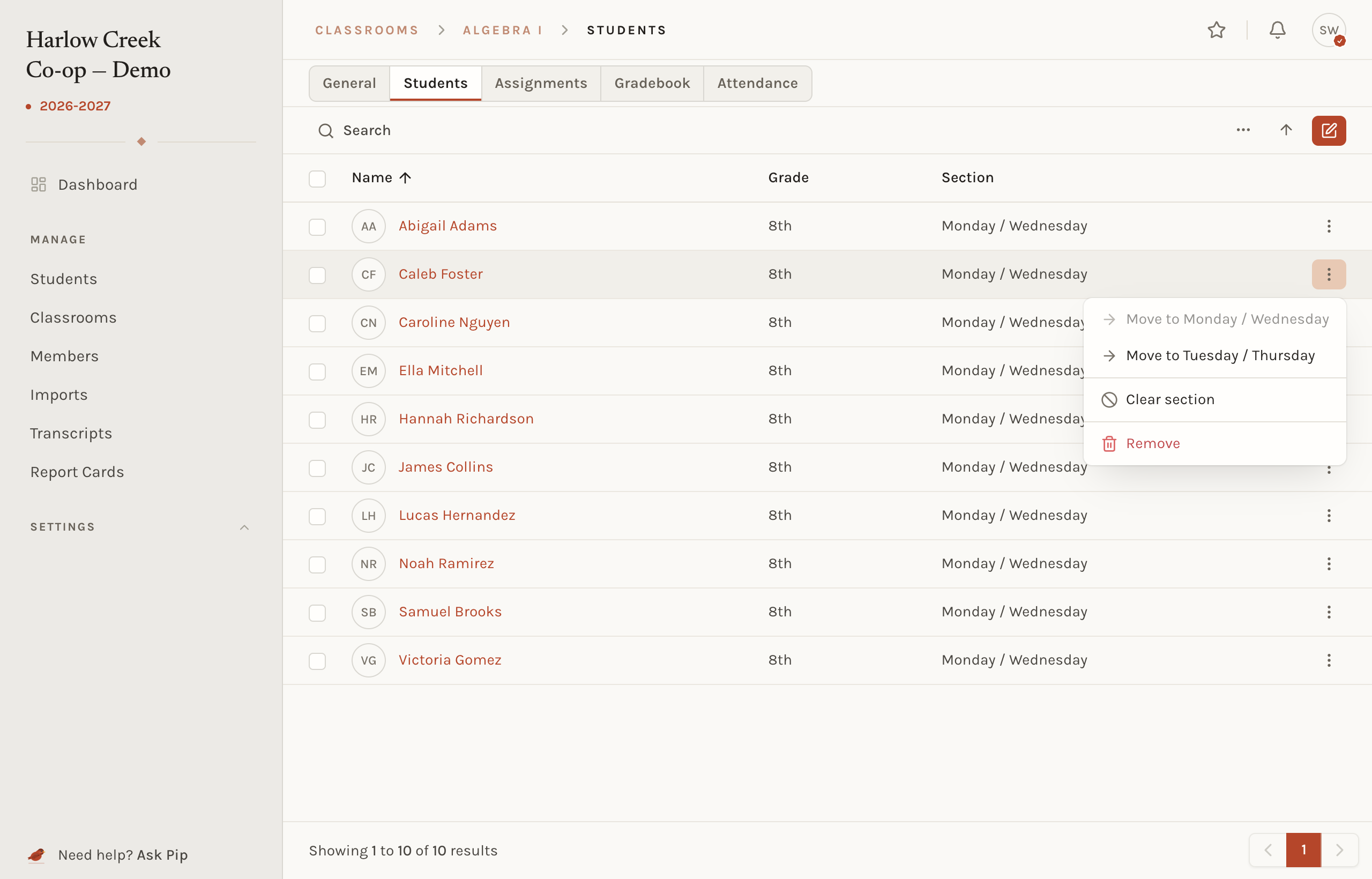 A classroom's Students tab with one row's menu open, offering Move to Tuesday / Thursday and Clear section.