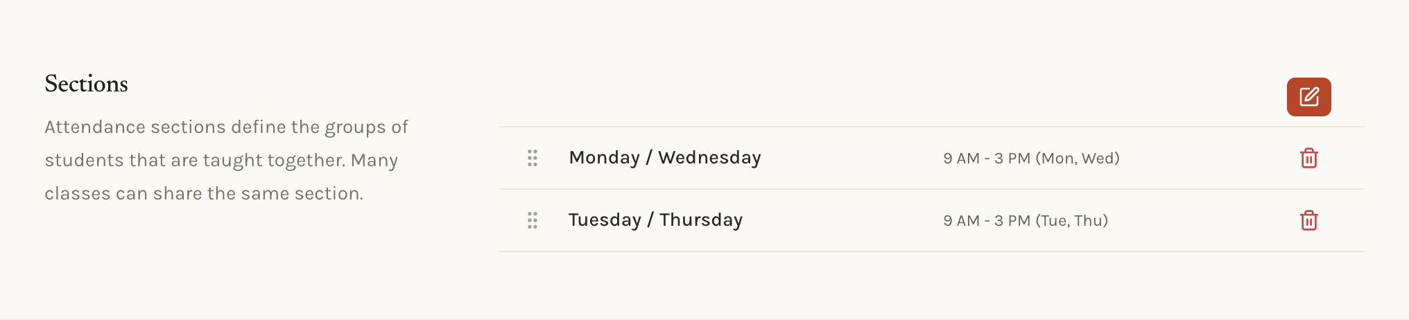 The Attendance settings page listing the school's sections with the days and times each one meets.