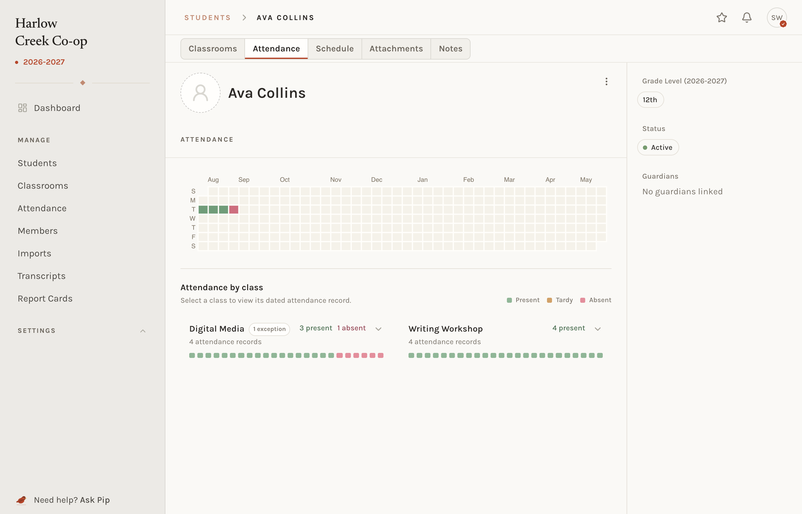 A student's Attendance tab showing a calendar of the school year with days colored by attendance and a list of tardies and absences below it.