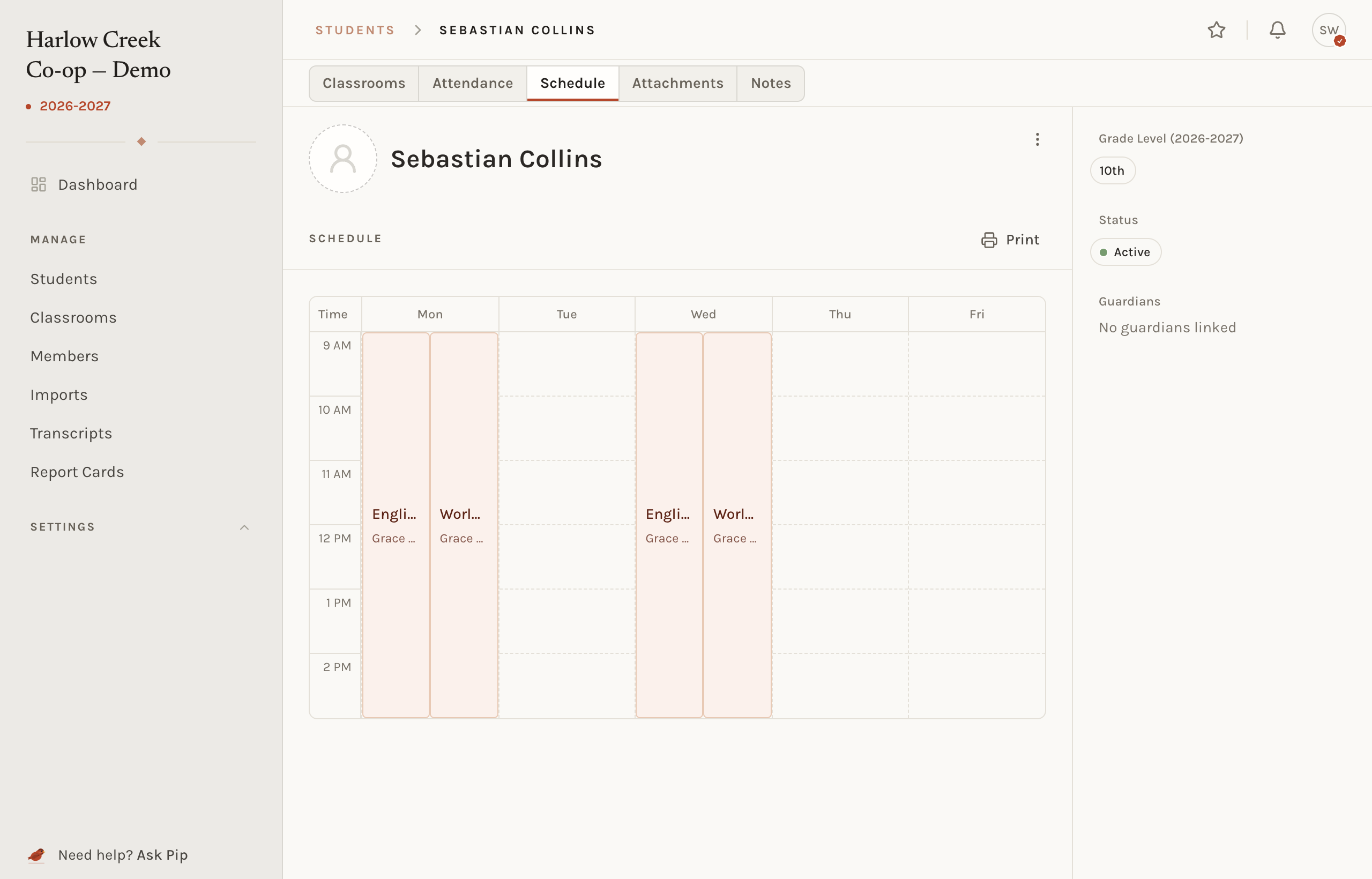 A student's weekly schedule showing classrooms placed on days and times.