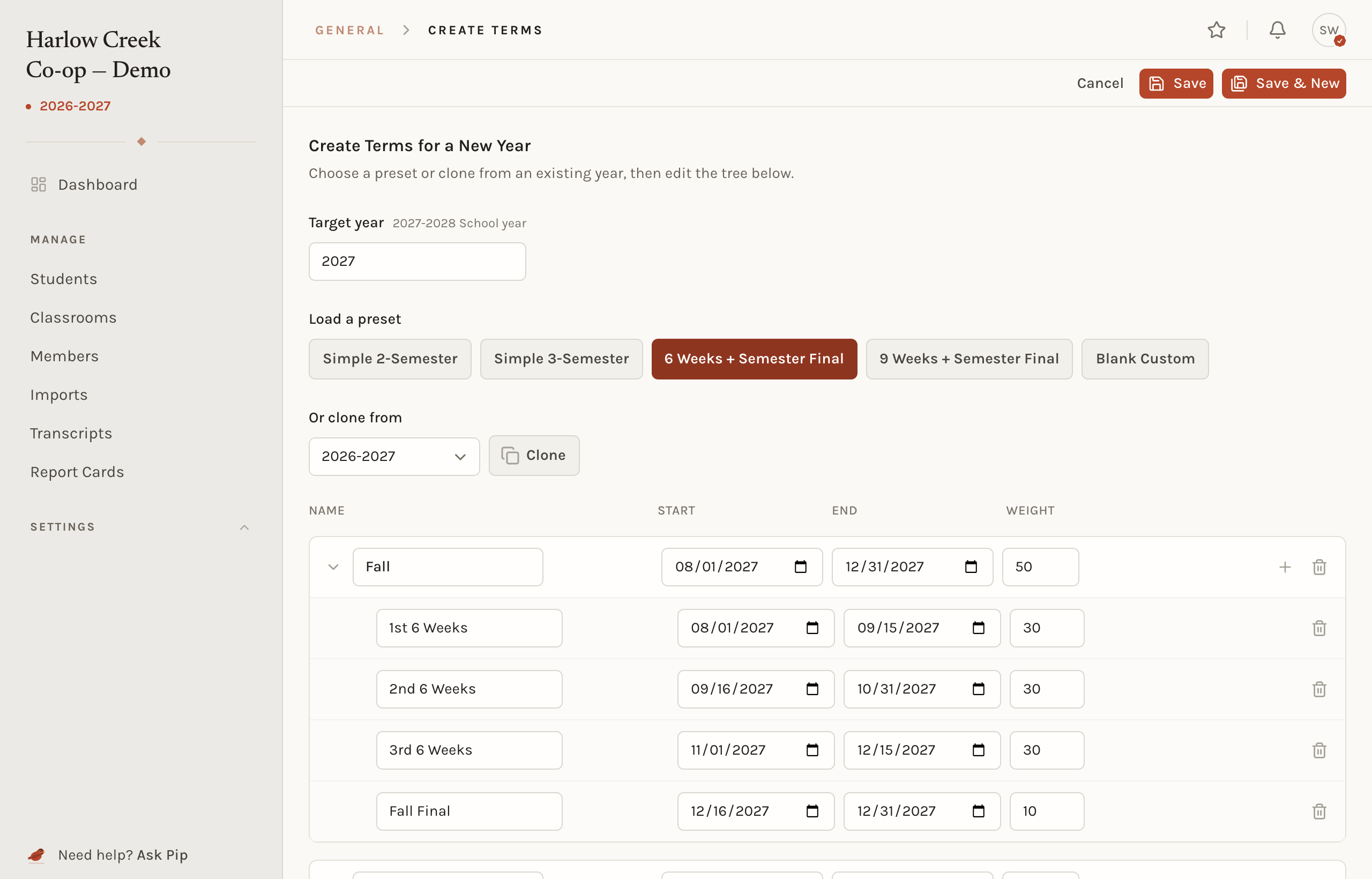 The create terms page with the 6 Weeks + Semester Final preset loaded: a Fall semester holding three six-week terms and a final, each with dates and a weight.
