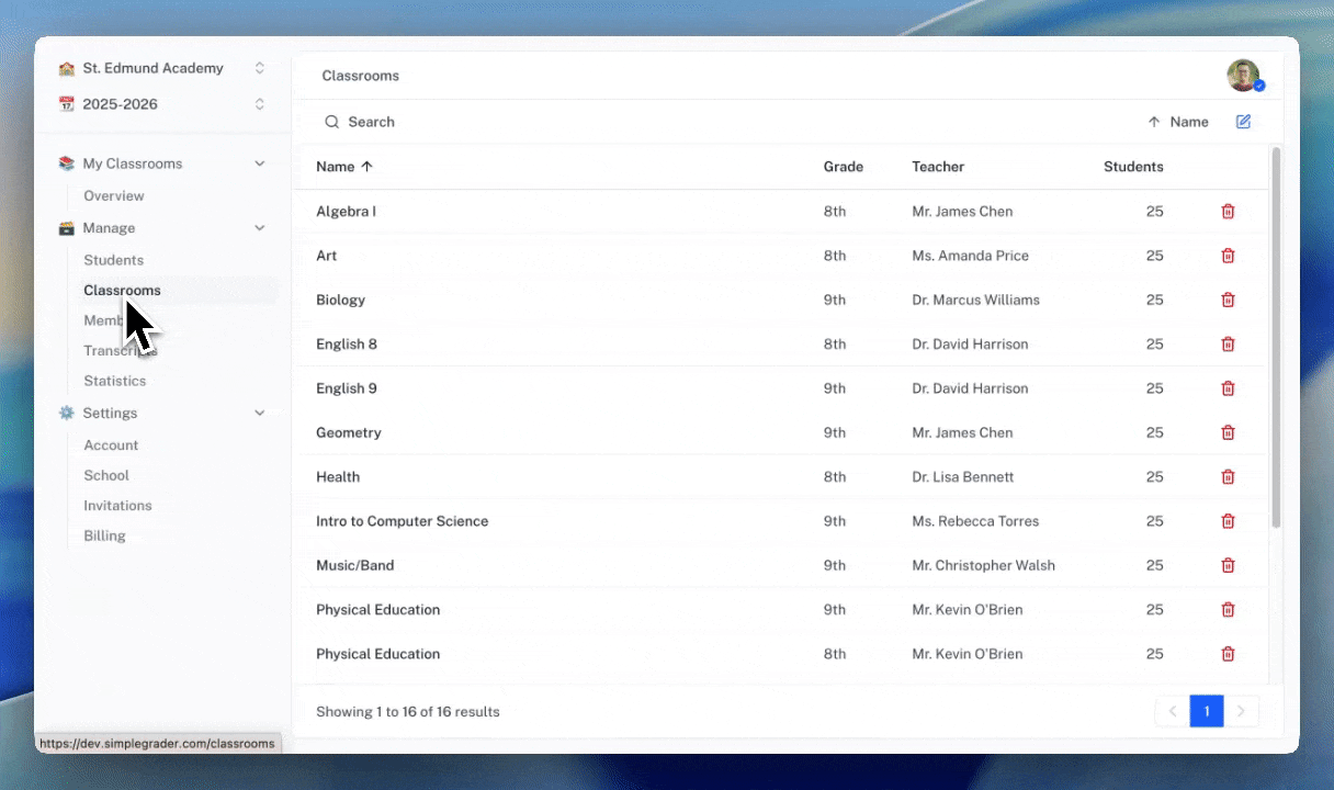 Screenshot of the SimpleGrader organization features